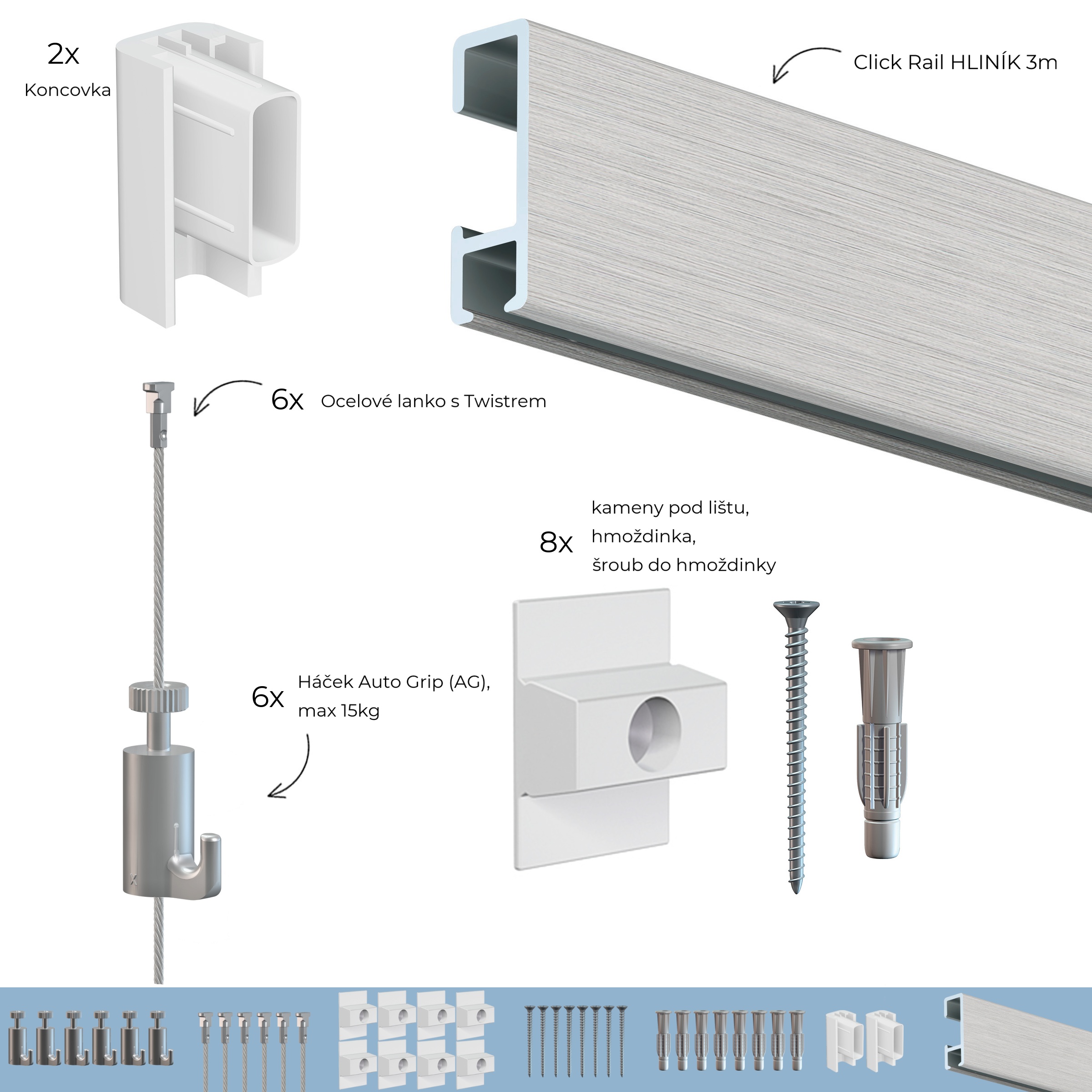 Závěsný systém na obrazy - SET Click Rail HLINÍK 3m (6x ocel, 6x AG)